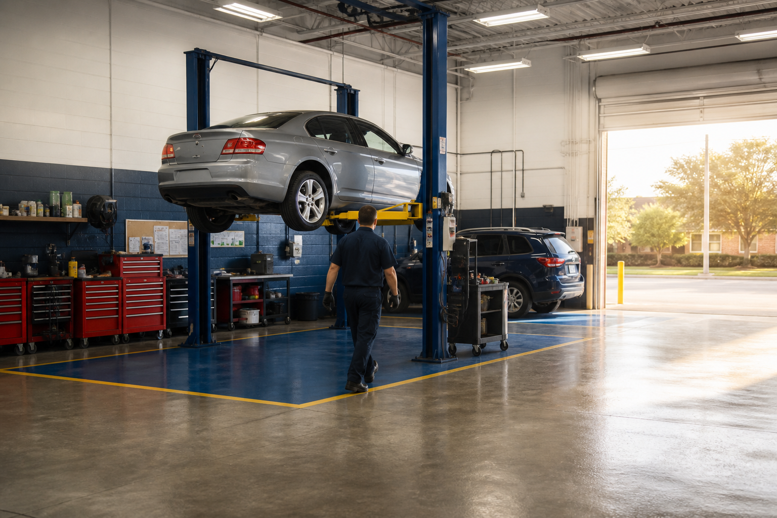 Bailey's Auto Service technician working beneath a vehicle on a lift in the Olathe shop